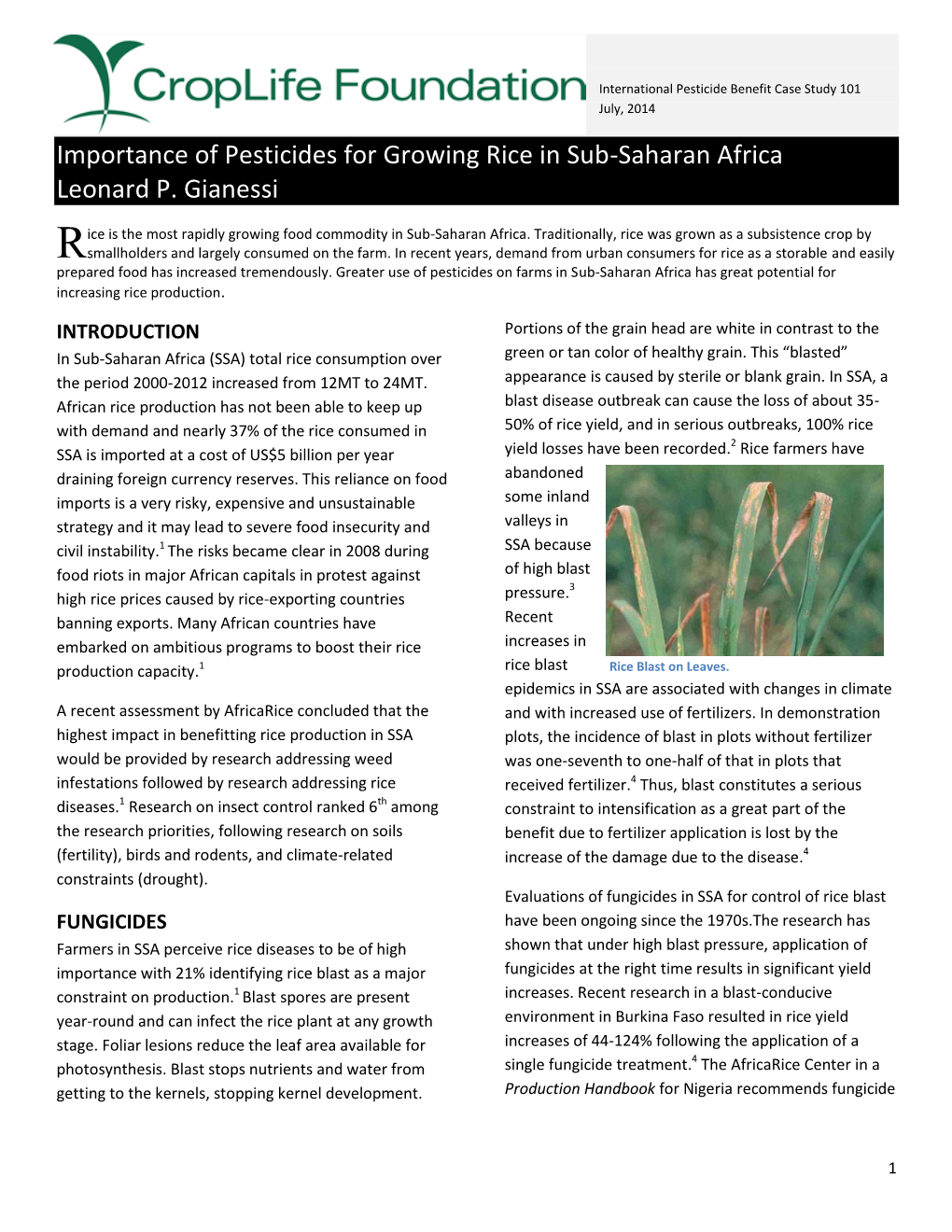 Importance of Pesticides for Growing Rice in Sub-Saharan Africa Leonard P