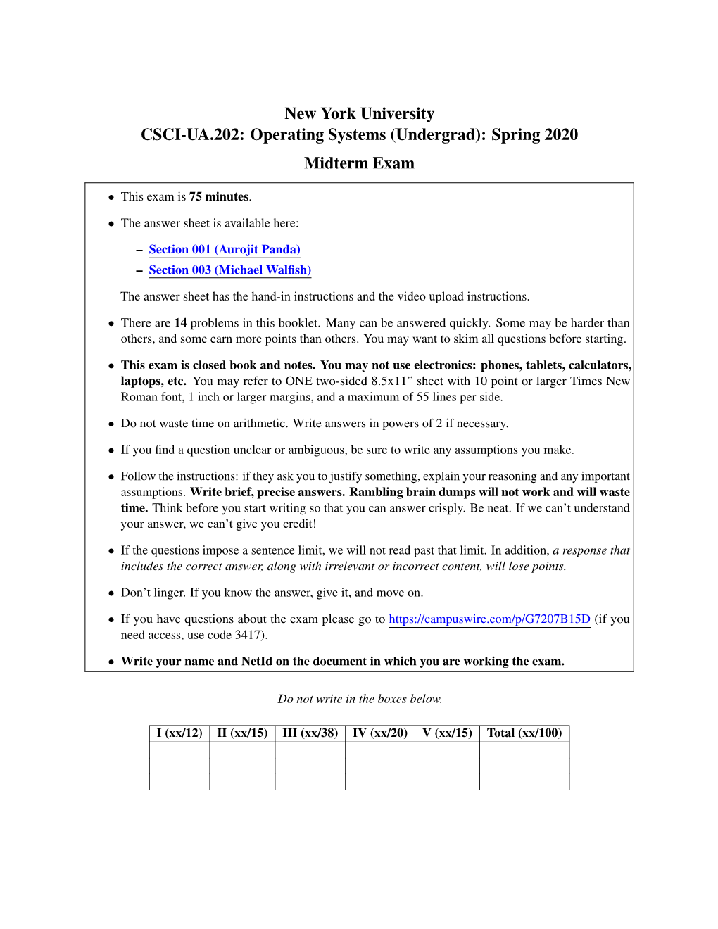 Operating Systems (Undergrad): Spring 2020 Midterm Exam