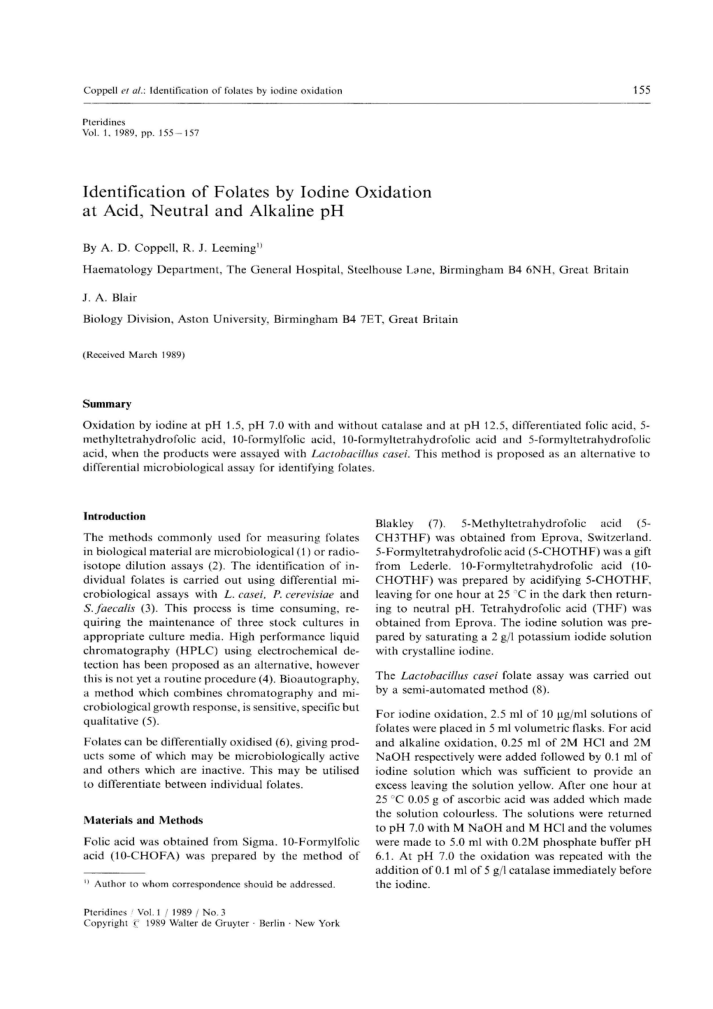 Identification of Folates by Iodine Oxidation at Acid, Neutral and Alkaline Ph