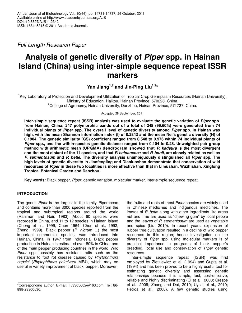 Analysis of Genetic Diversity of Piper Spp. in Hainan Island (China) Using Inter-Simple Sequence Repeat ISSR Markers
