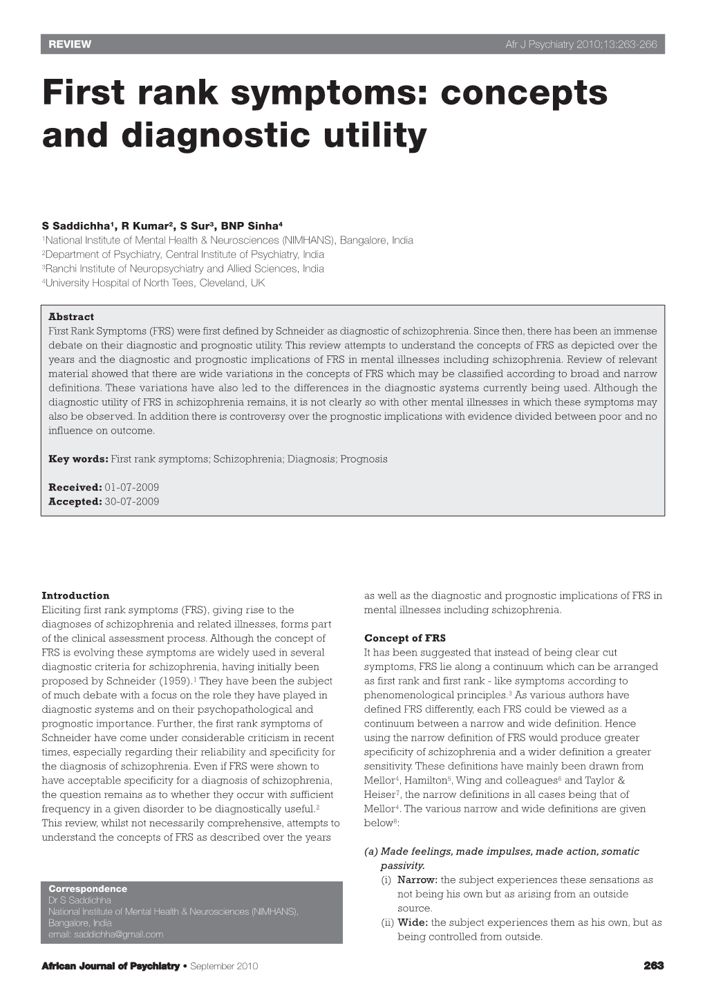 First Rank Symptoms: Concepts and Diagnostic Utility