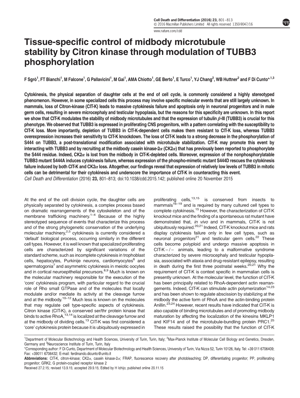 Tissue-Specific Control of Midbody Microtubule Stability by Citron Kinase Through Modulation of TUBB3 Phosphorylation