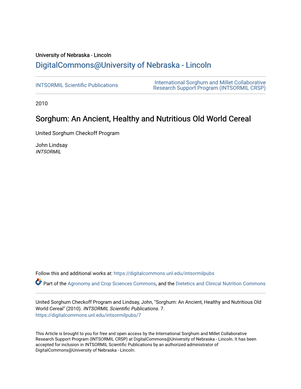 Sorghum and Millet Collaborative INTSORMIL Scientific Publications Research Support Program (INTSORMIL CRSP)