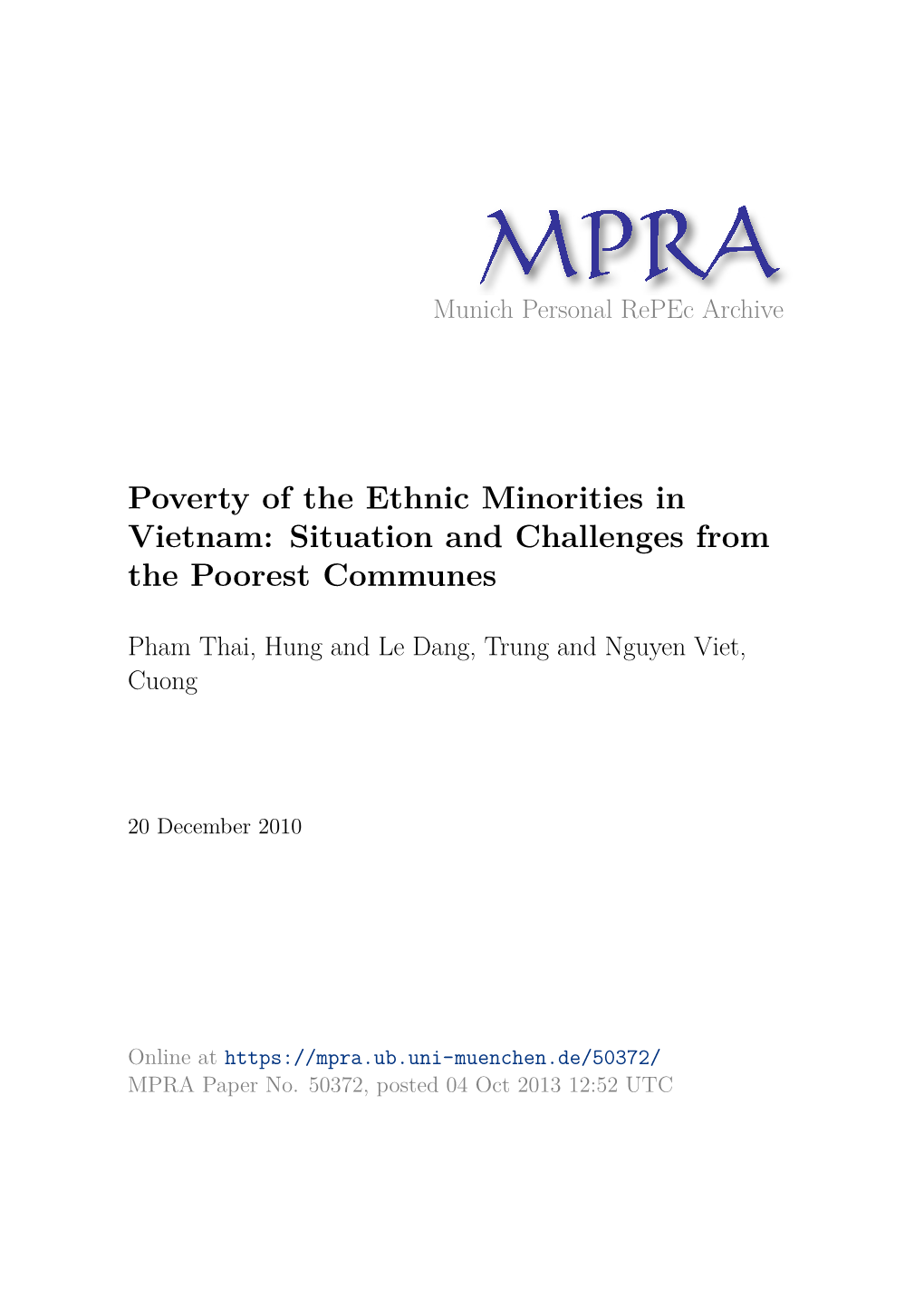 Poverty of the Ethnic Minorities in Vietnam: Situation and Challenges from the Poorest Communes