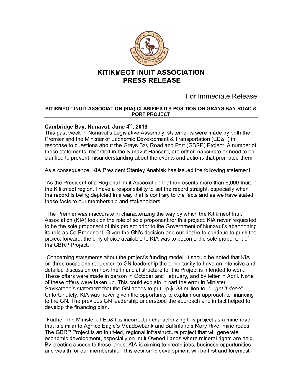 KITIKMEOT INUIT ASSOCIATION PRESS RELEASE for Immediate