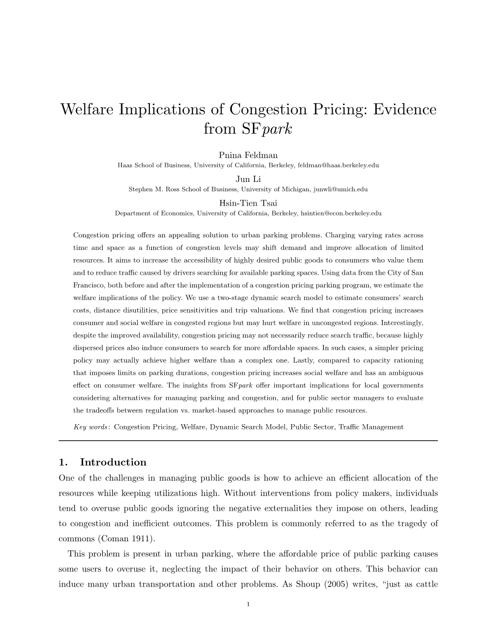 Welfare Implications of Congestion Pricing: Evidence from Sfpark