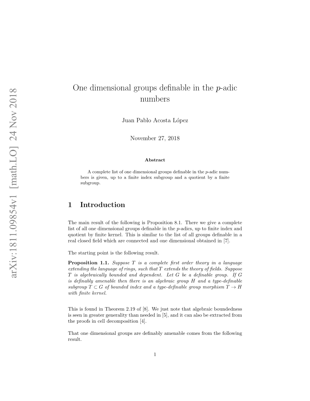 One Dimensional Groups Definable in the P-Adic Numbers