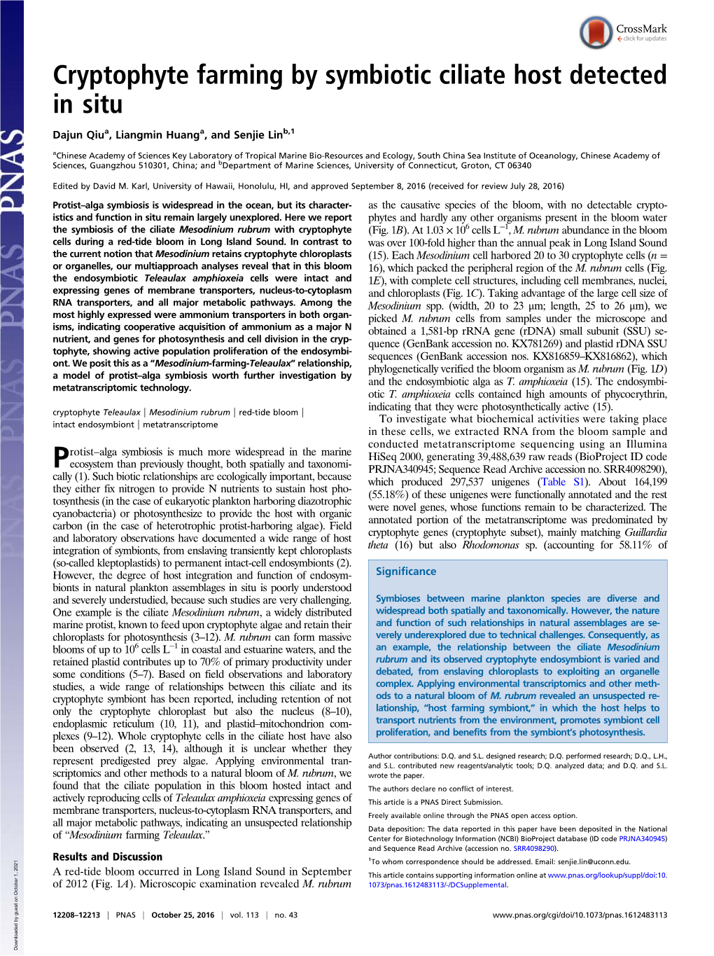 Cryptophyte Farming by Symbiotic Ciliate Host Detected in Situ