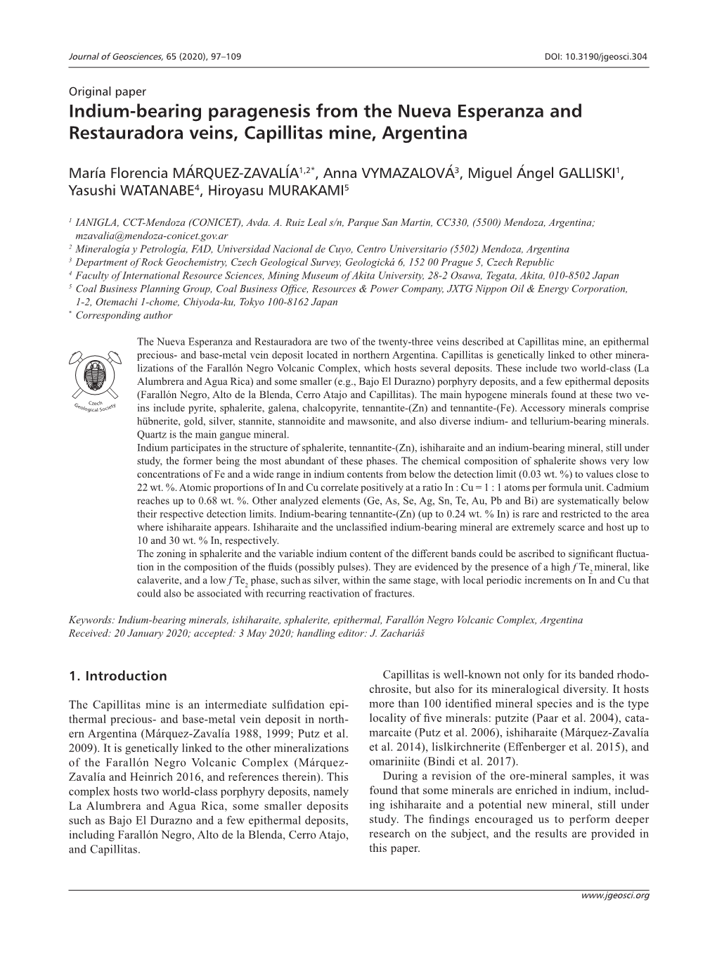 Indium-Bearing Paragenesis from the Nueva Esperanza and Restauradora Veins, Capillitas Mine, Argentina