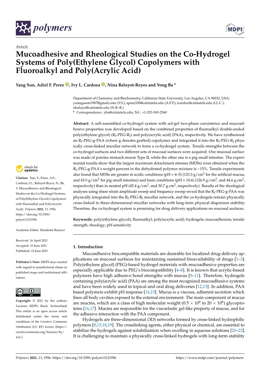 Mucoadhesive and Rheological Studies on the Co-Hydrogel Systems of Poly(Ethylene Glycol) Copolymers with Fluoroalkyl and Poly(Acrylic Acid)