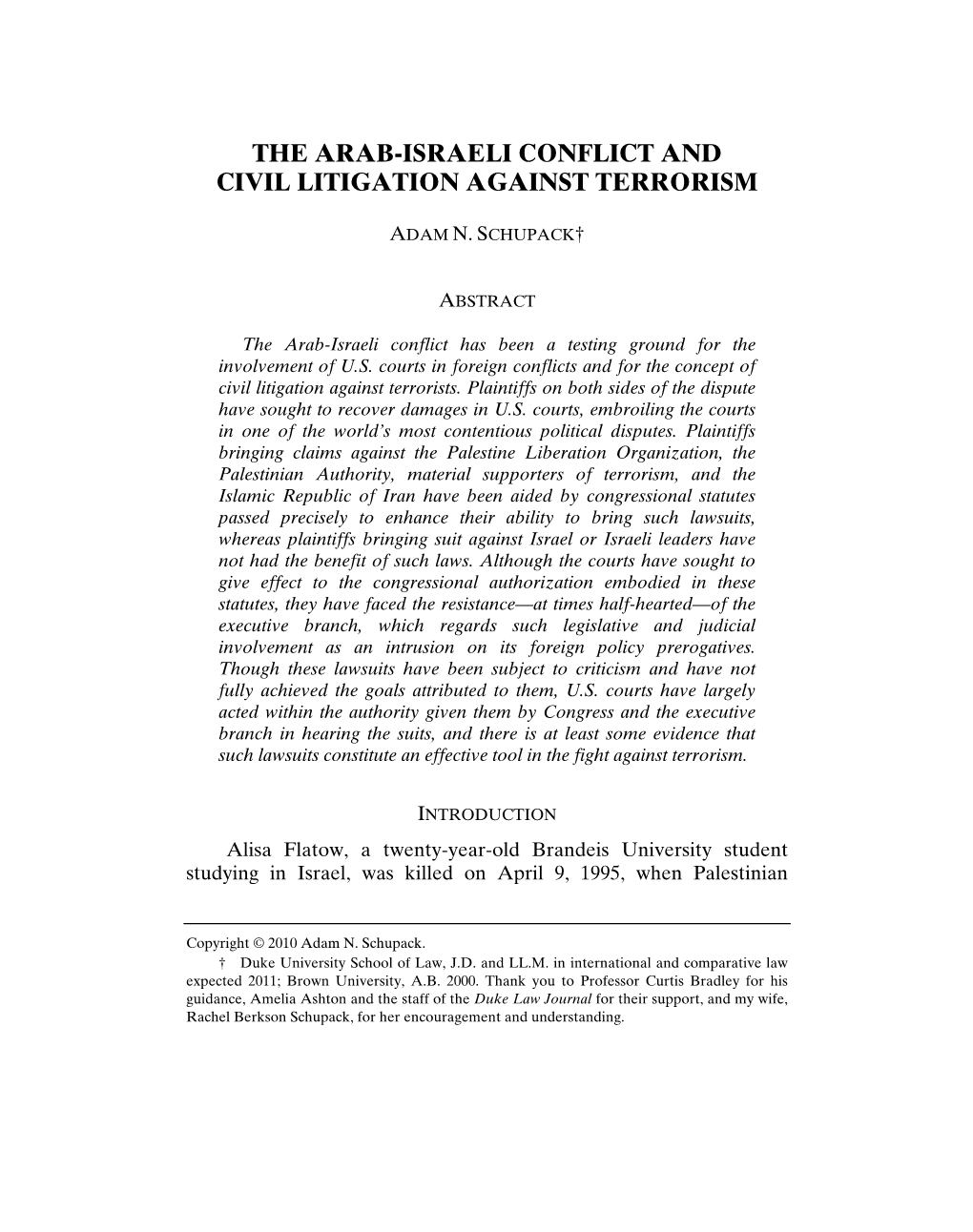 The Arab-Israeli Conflict and Civil Litigation Against Terrorism