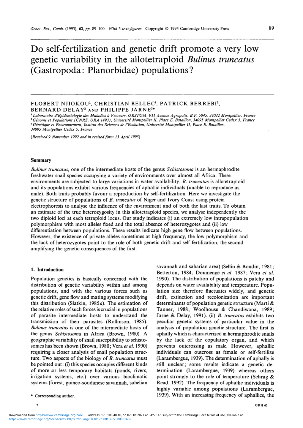Do Self-Fertilization and Genetic Drift Promote a Very Low Genetic Variability in the Allotetraploid Bulinus Truncatus (Gastropoda: Planorbidae) Populations?