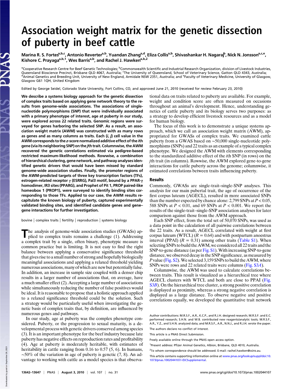 Association Weight Matrix for the Genetic Dissection of Puberty in Beef Cattle