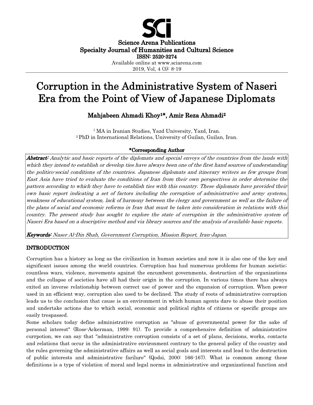 Corruption in the Administrative System of Naseri Era from the Point of View of Japanese Diplomats
