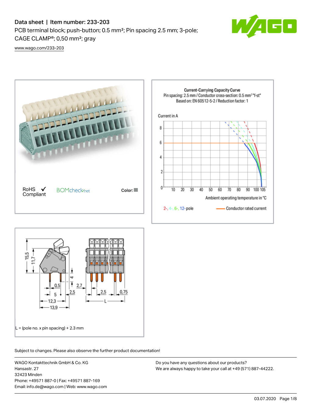 233-203 PCB Terminal Block; Push-Button; 0.5 Mm²; Pin Spacing 2.5 Mm; 3-Pole; CAGE CLAMP®; 0,50 Mm²; Gray