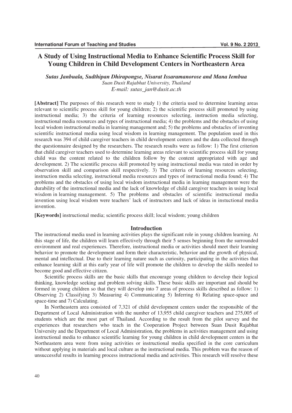 A Study of Using Instructional Media to Enhance Scientific Process Skill for Young Children in Child Development Centers in Northeastern Area