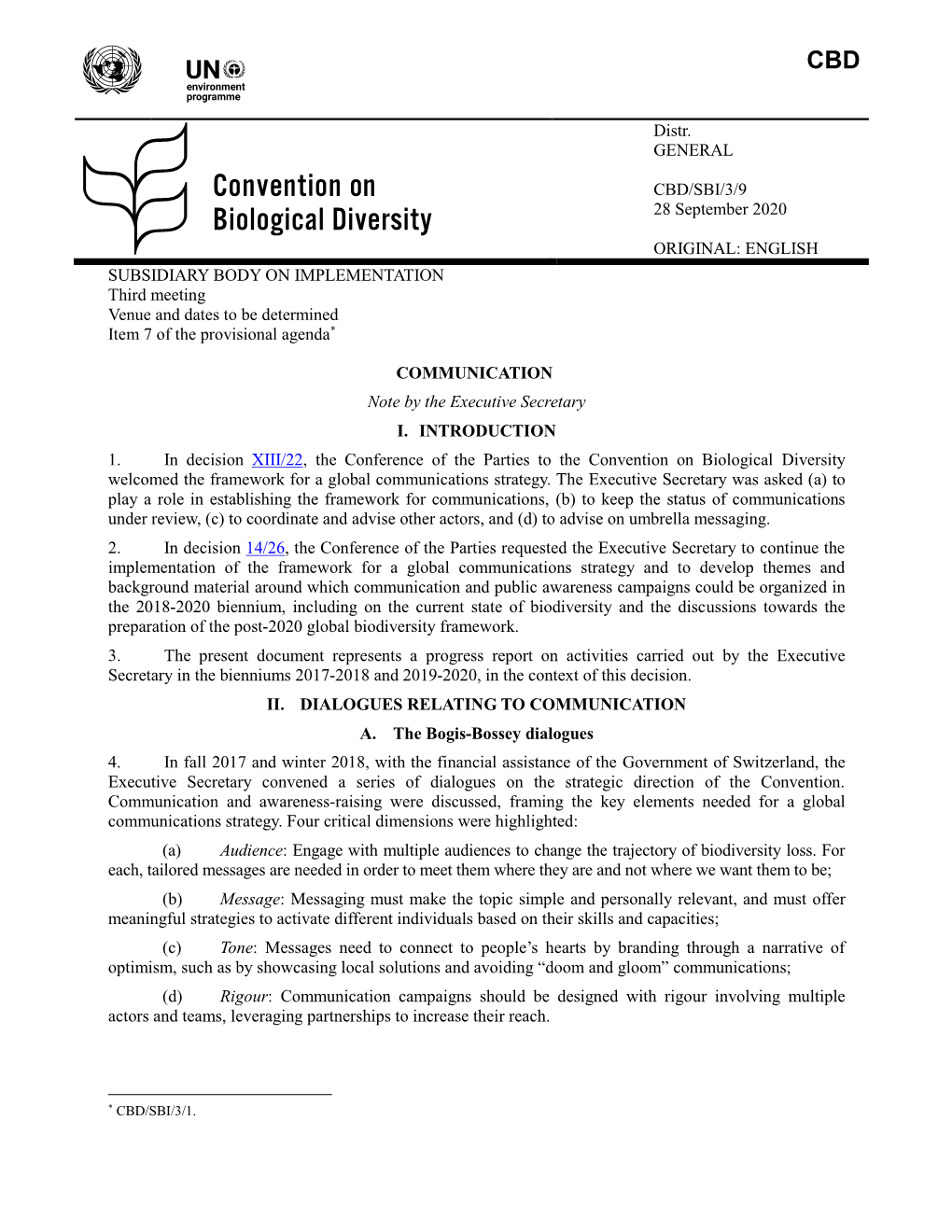 Distr. GENERAL CBD/SBI/3/9 28 September 2020 ORIGINAL