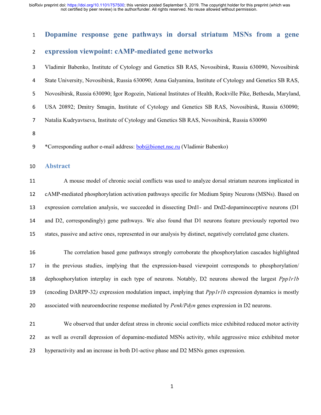 Dopamine Response Gene Pathways in Dorsal Striatum Msns from a Gene