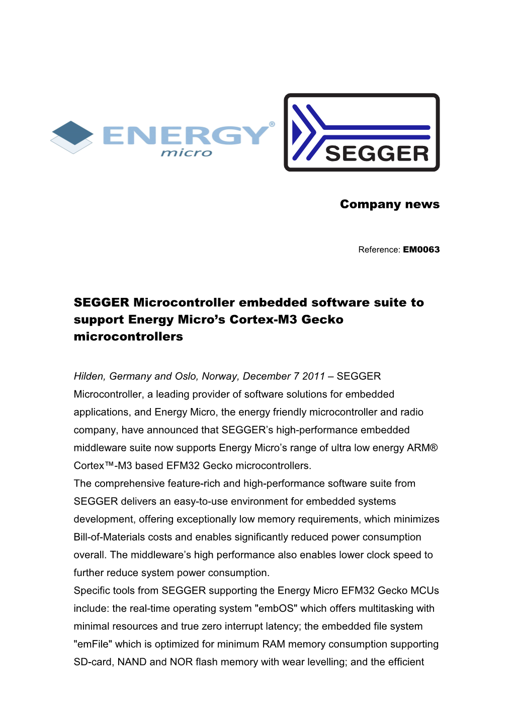 SEGGER Microcontroller Embedded Software Suite to Support Energy Micro’S Cortex-M3 Gecko Microcontrollers