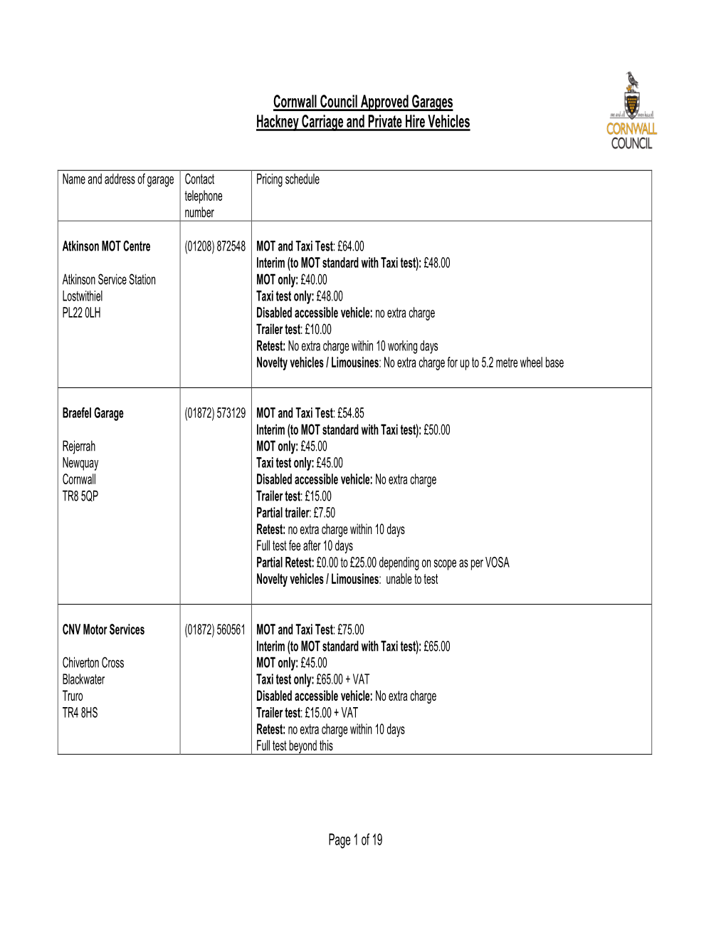 Cornwall Council Approved Garages Hackney Carriage and Private Hire Vehicles