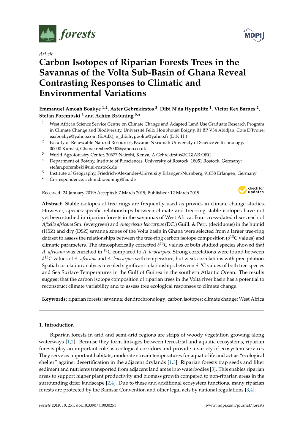 Carbon Isotopes of Riparian Forests Trees in the Savannas of the Volta Sub-Basin of Ghana Reveal Contrasting Responses to Climatic and Environmental Variations