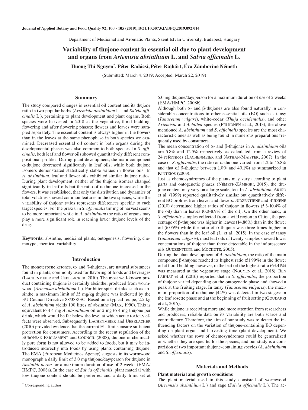 Variability of Thujone Content in Essential Oil Due to Plant Development and Organs from Artemisia Absinthium L