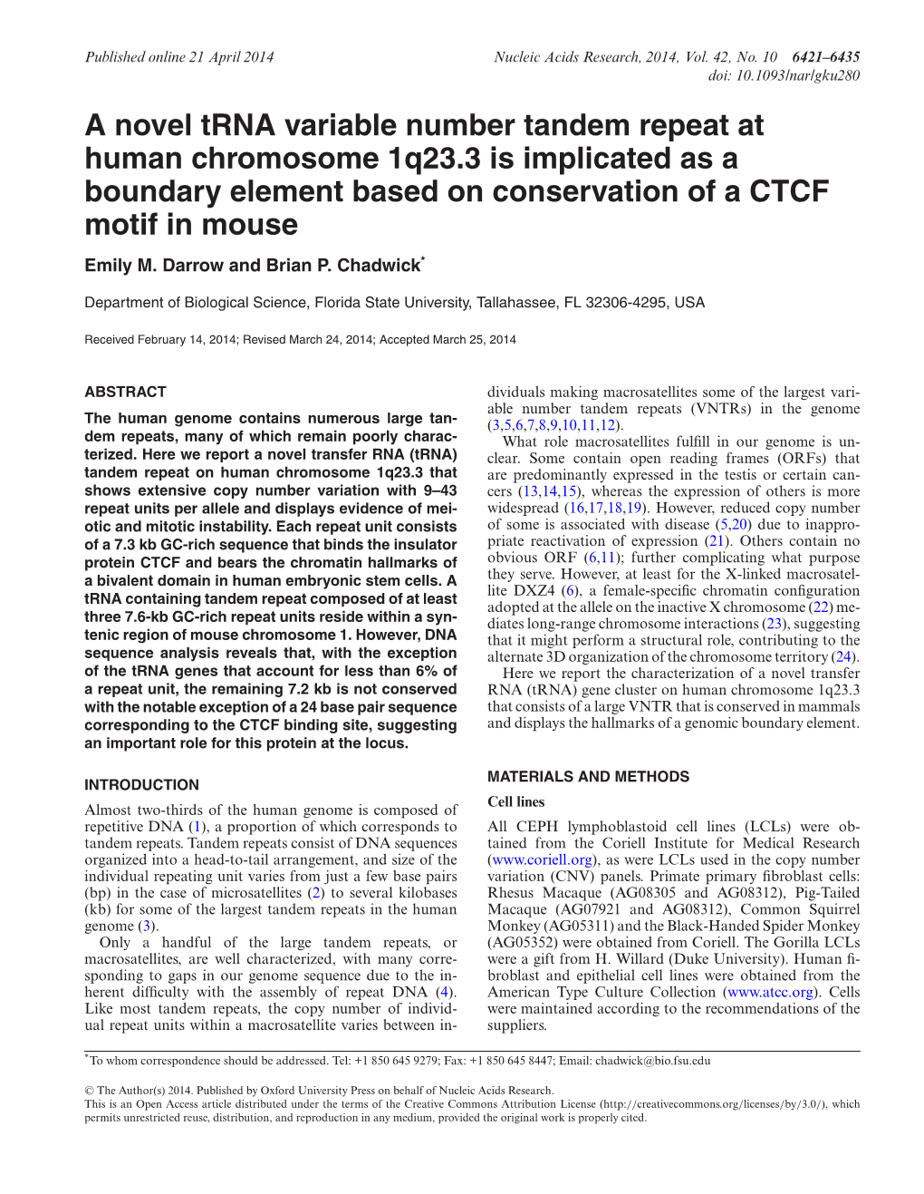 A Novel Trna Variable Number Tandem Repeat at Human Chromosome 1Q23.3 Is Implicated As a Boundary Element Based on Conservation of a CTCF Motif in Mouse Emily M