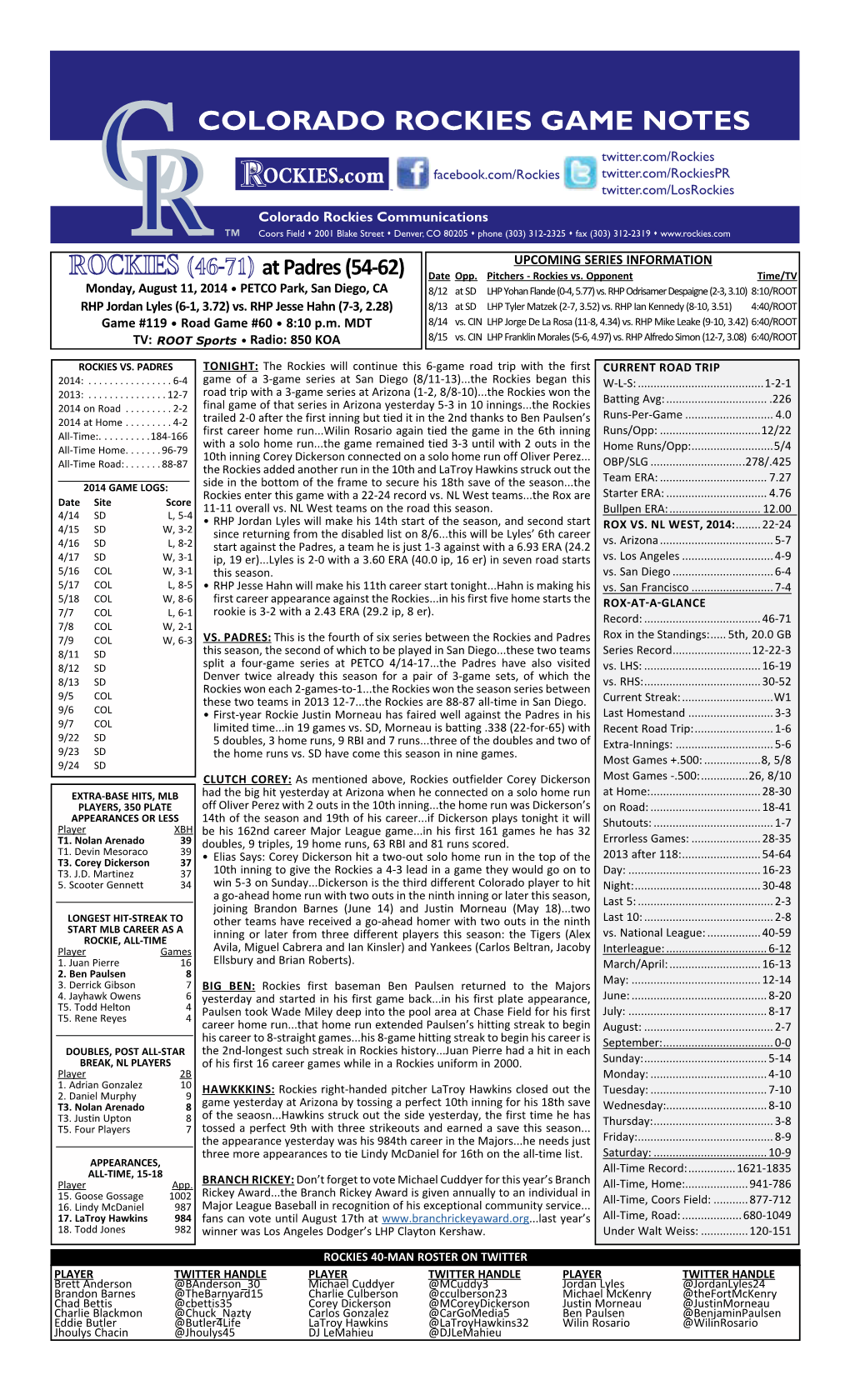 Colorado Rockies Game Notes