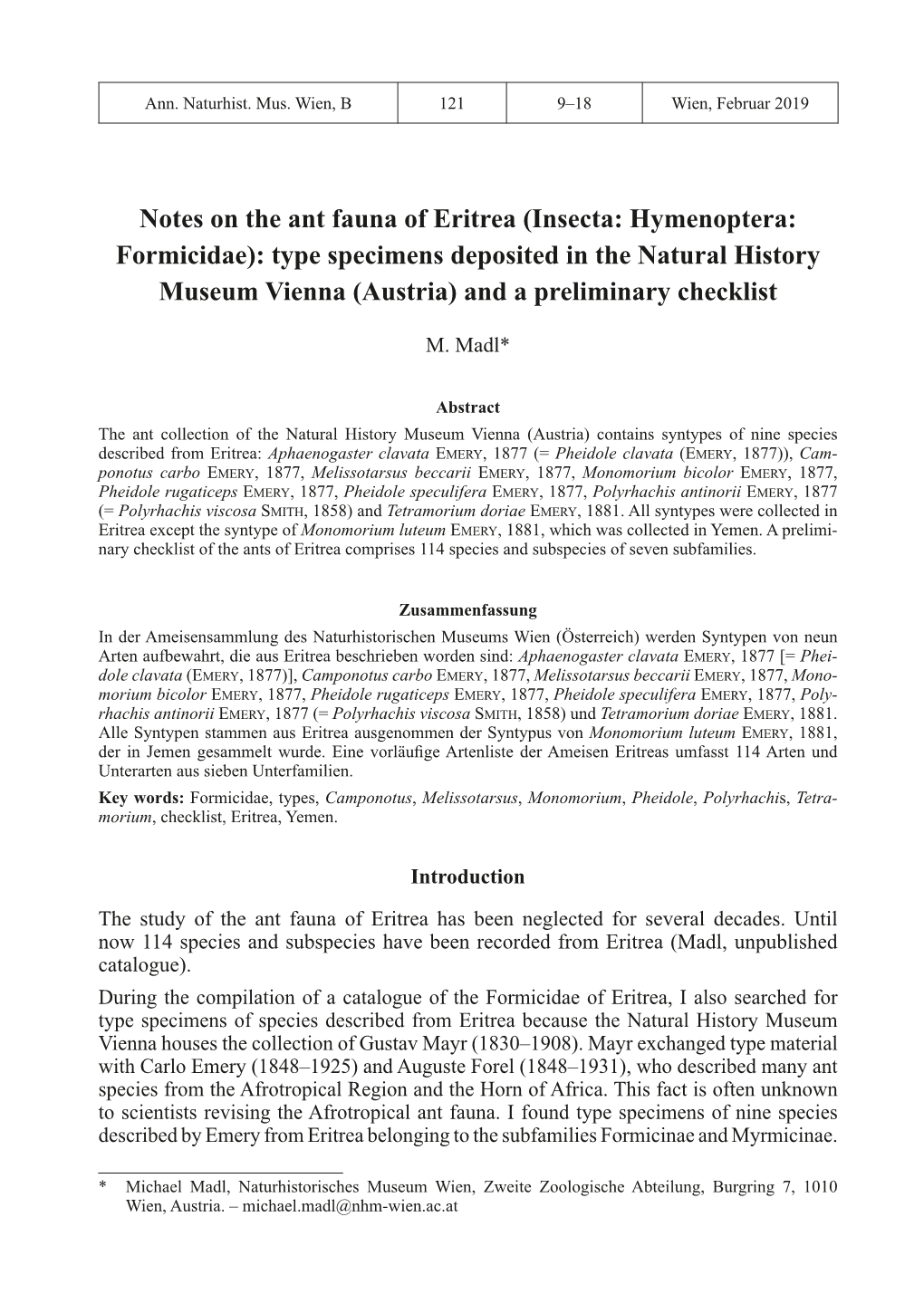 Insecta: Hymenoptera: Formicidae): Type Specimens Deposited in the Natural History Museum Vienna (Austria) and a Preliminary Checklist