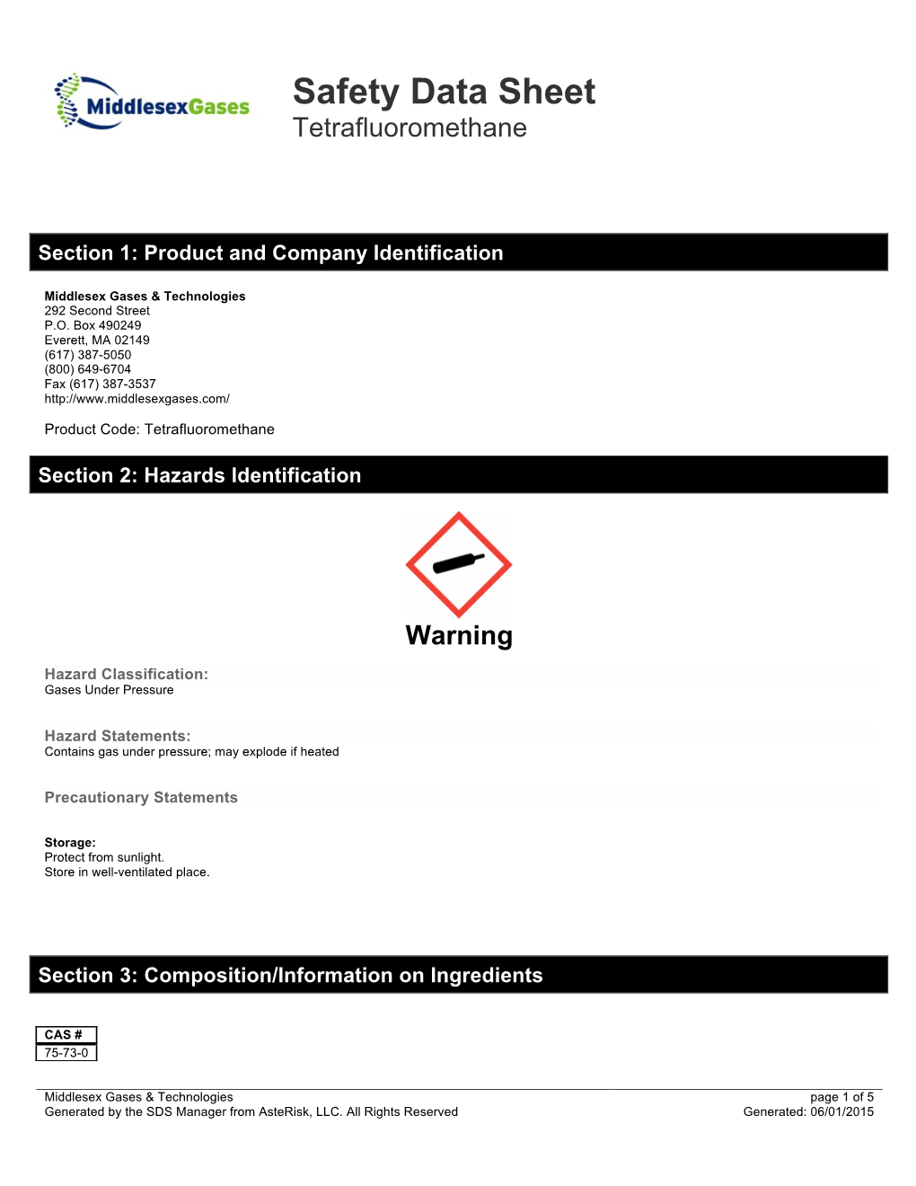 Safety Data Sheet Tetrafluoromethane