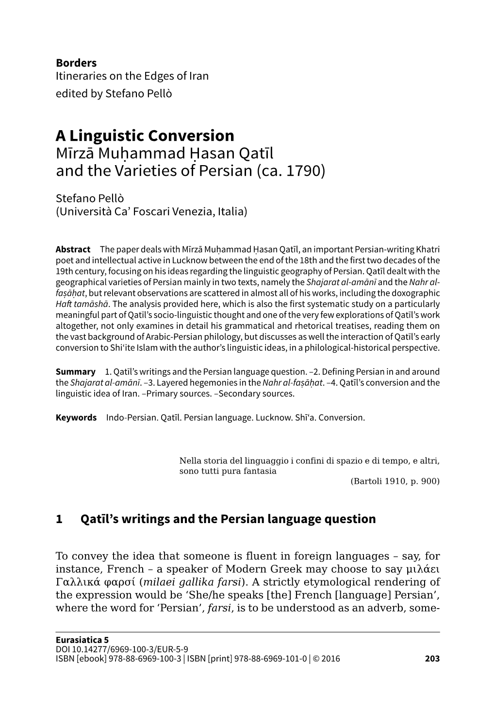 A Linguistic Conversion Mīrzā Muḥammad Ḥasan Qatīl and the Varieties of Persian (Ca