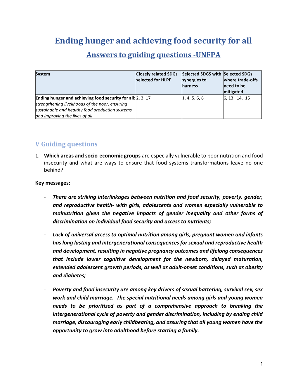 Ending Hunger and Achieving Food Security for All Answers to Guiding Questions -UNFPA