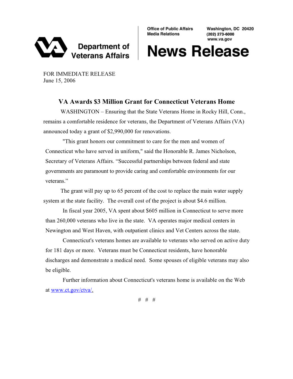 VA Awards $3 Million Grant for Connecticut Veterans Home