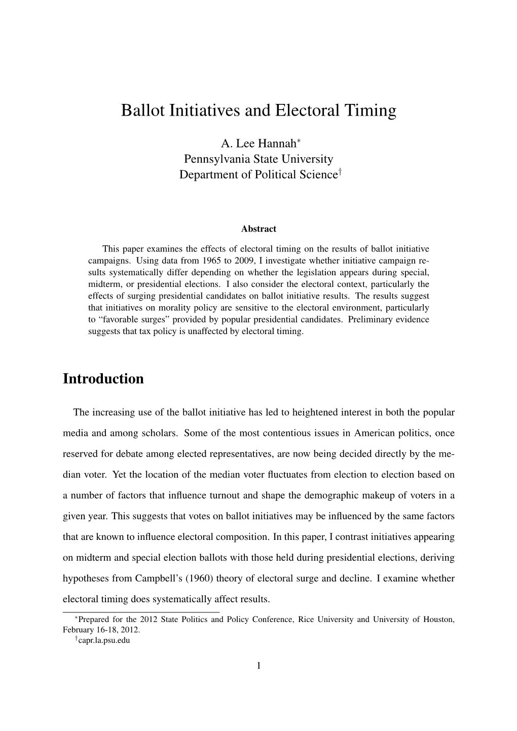 Ballot Initiatives and Electoral Timing