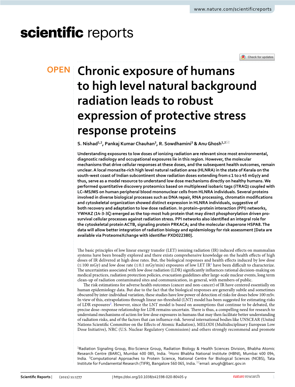 Chronic Exposure of Humans to High Level Natural Background Radiation Leads to Robust Expression of Protective Stress Response Proteins S
