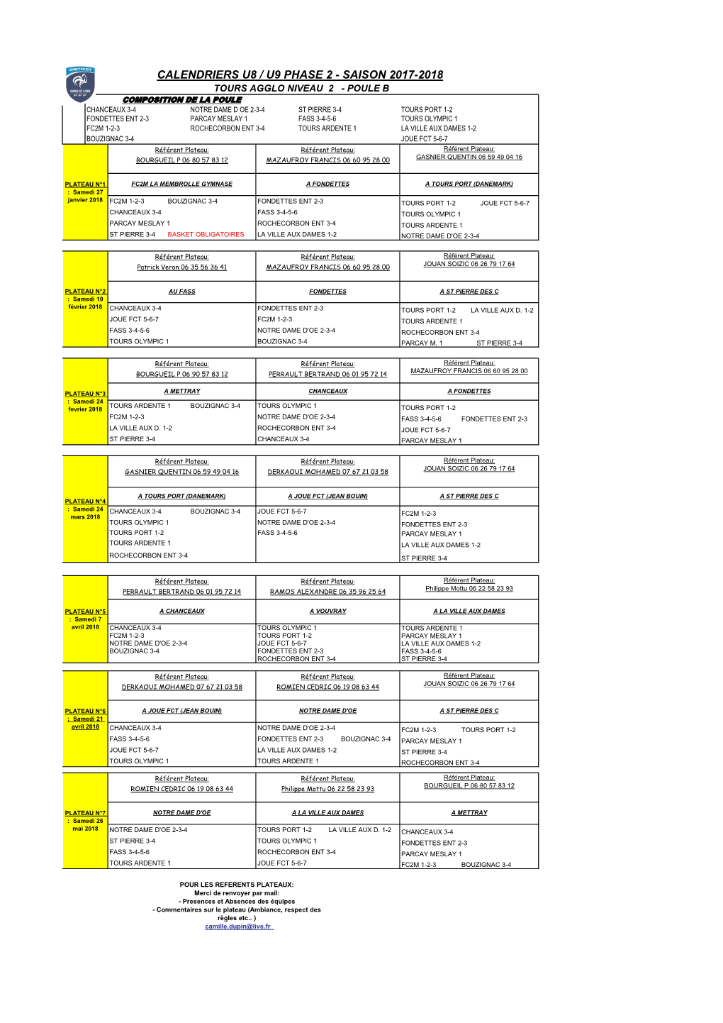 Calendriers U8 / U9 Phase 2