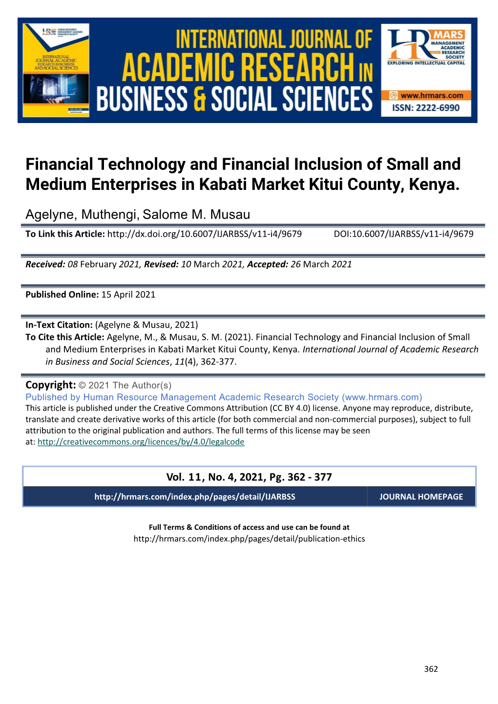 Financial Technology and Financial Inclusion of Small and Medium Enterprises in Kabati Market Kitui County, Kenya