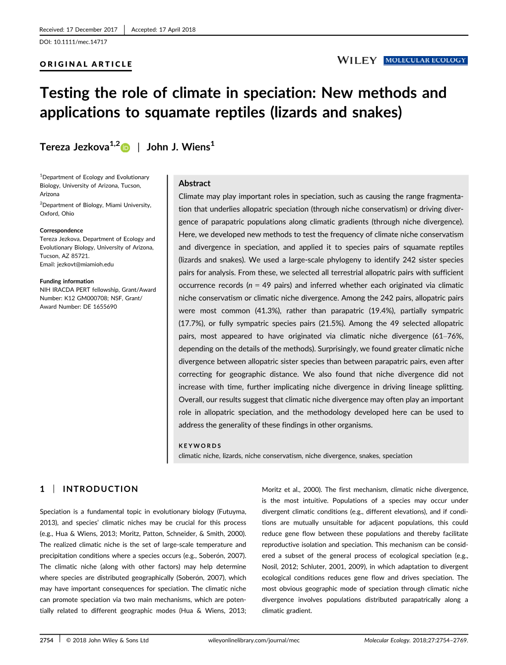 Testing the Role of Climate in Speciation: New Methods and Applications to Squamate Reptiles (Lizards and Snakes)