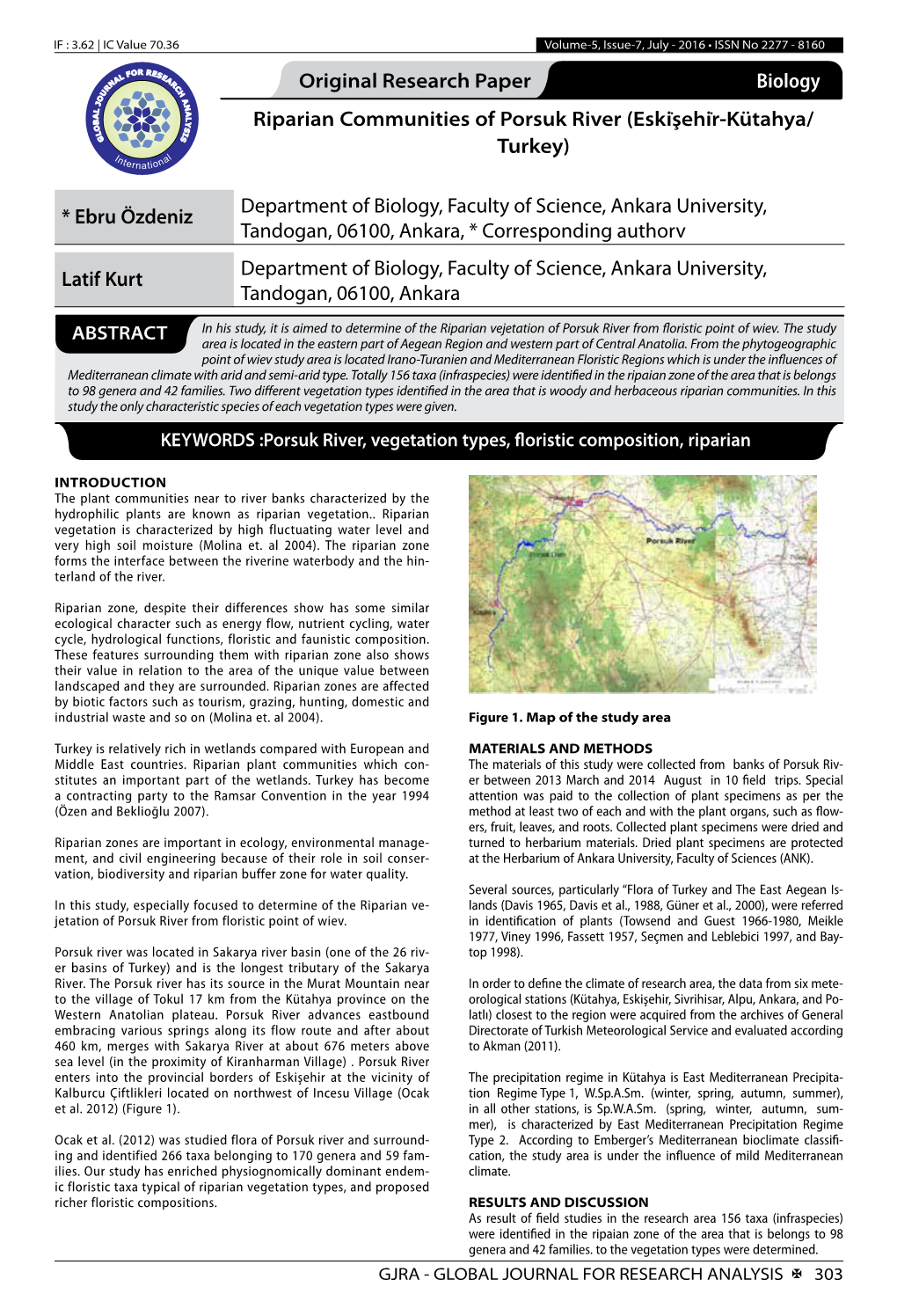 Original Research Paper Biology Riparian Communities of Porsuk River (Eski̇şehi̇r-Kütahya/ Turkey)