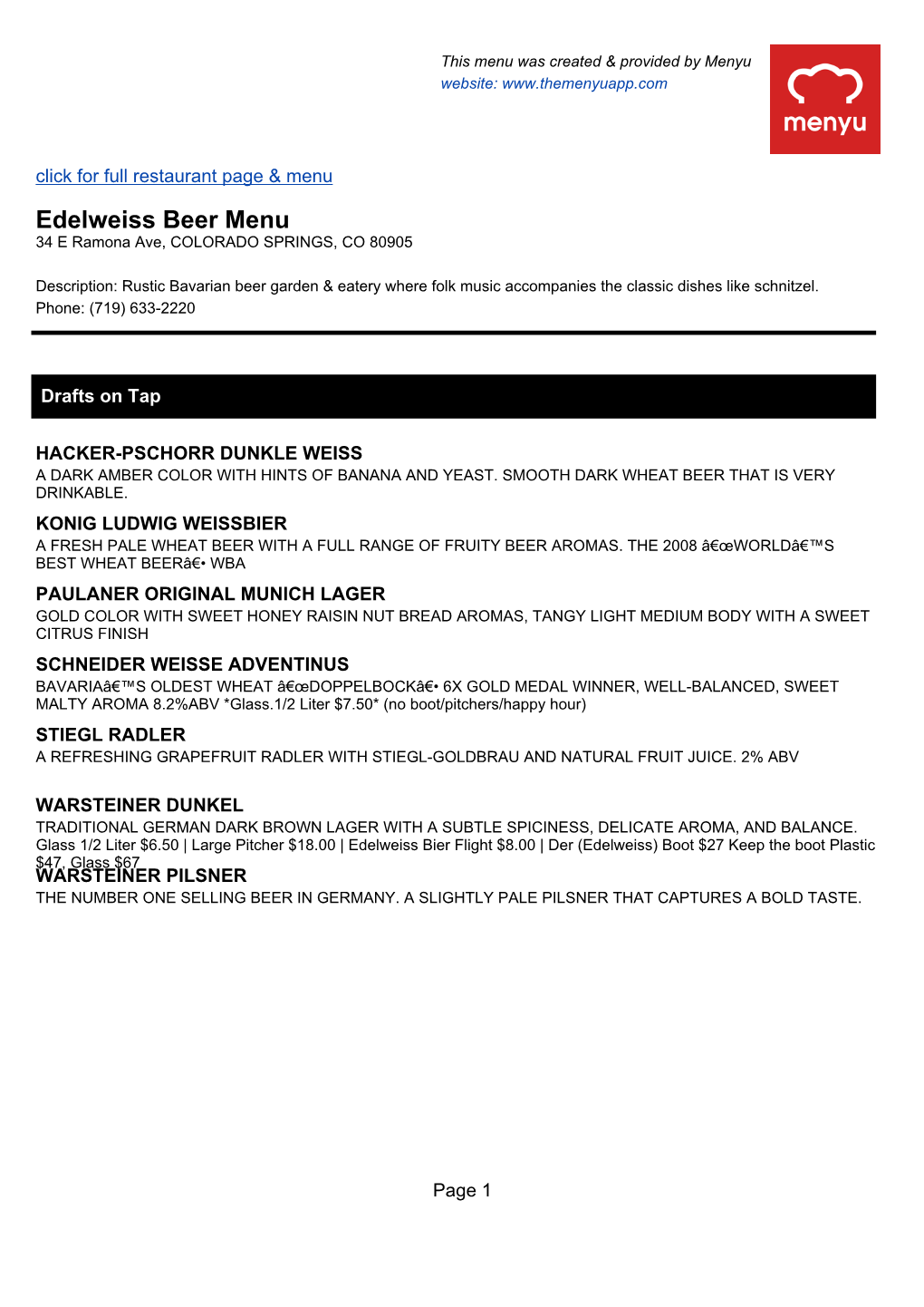 Edelweiss Beer Menu 34 E Ramona Ave, COLORADO SPRINGS, CO 80905