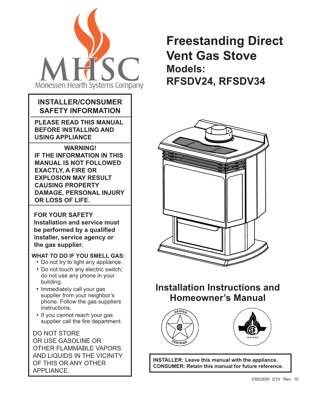 Freestanding Direct Vent Gas Stove Models: RFSDV24, RFSDV34