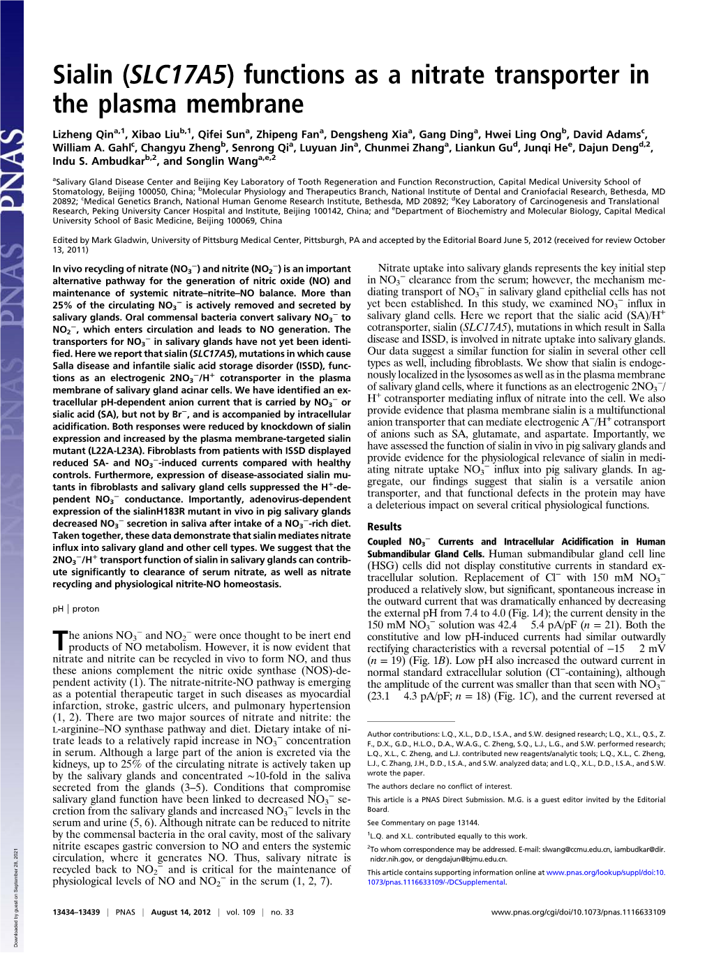 Sialin (SLC17A5) Functions As a Nitrate Transporter in the Plasma Membrane