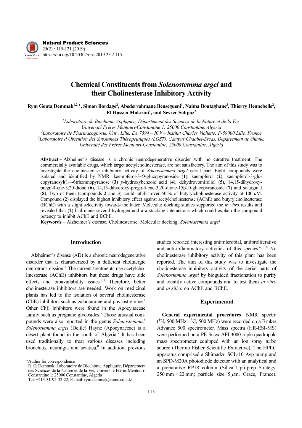 Chemical Constituents from Solenostemma Argel and Their Cholinesterase Inhibitory Activity