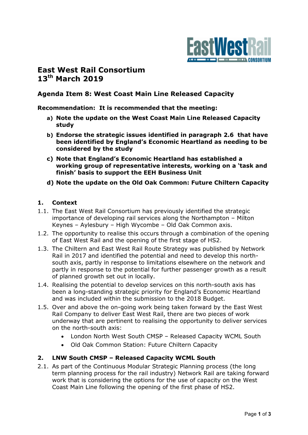 Agenda Item 8: West Coast Main Line Released Capacity