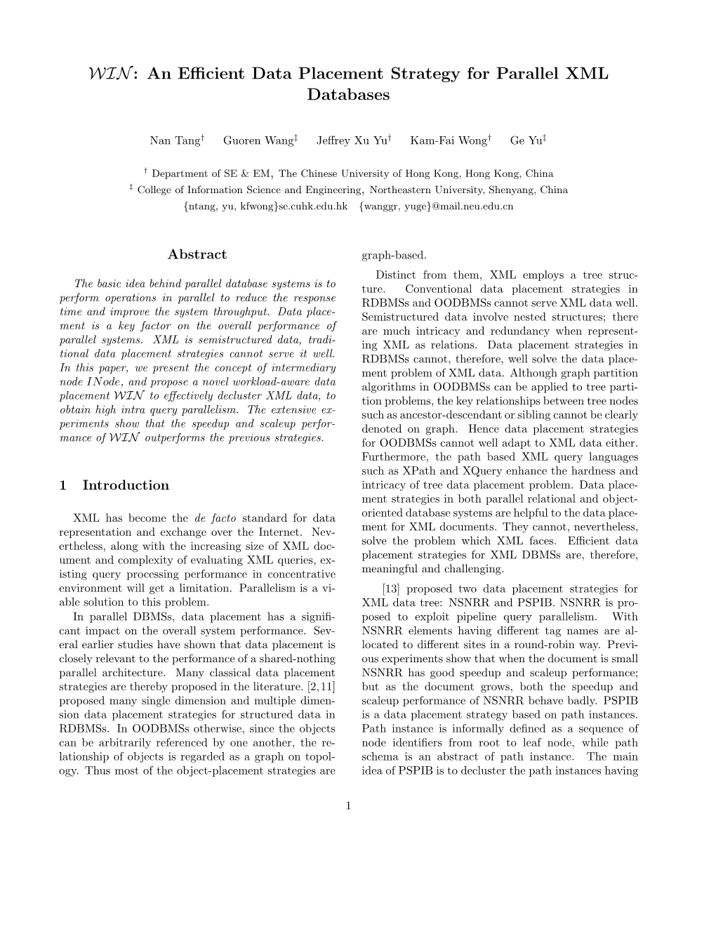 WIN: an Efficient Data Placement Strategy for Parallel XML Databases