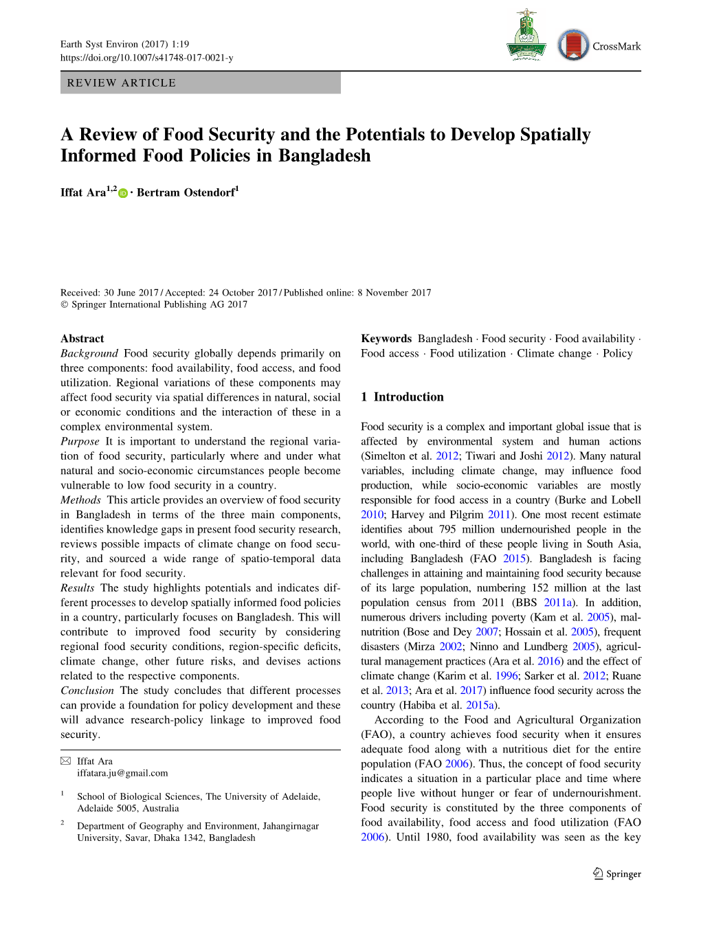 A Review of Food Security and the Potentials to Develop Spatially Informed Food Policies in Bangladesh