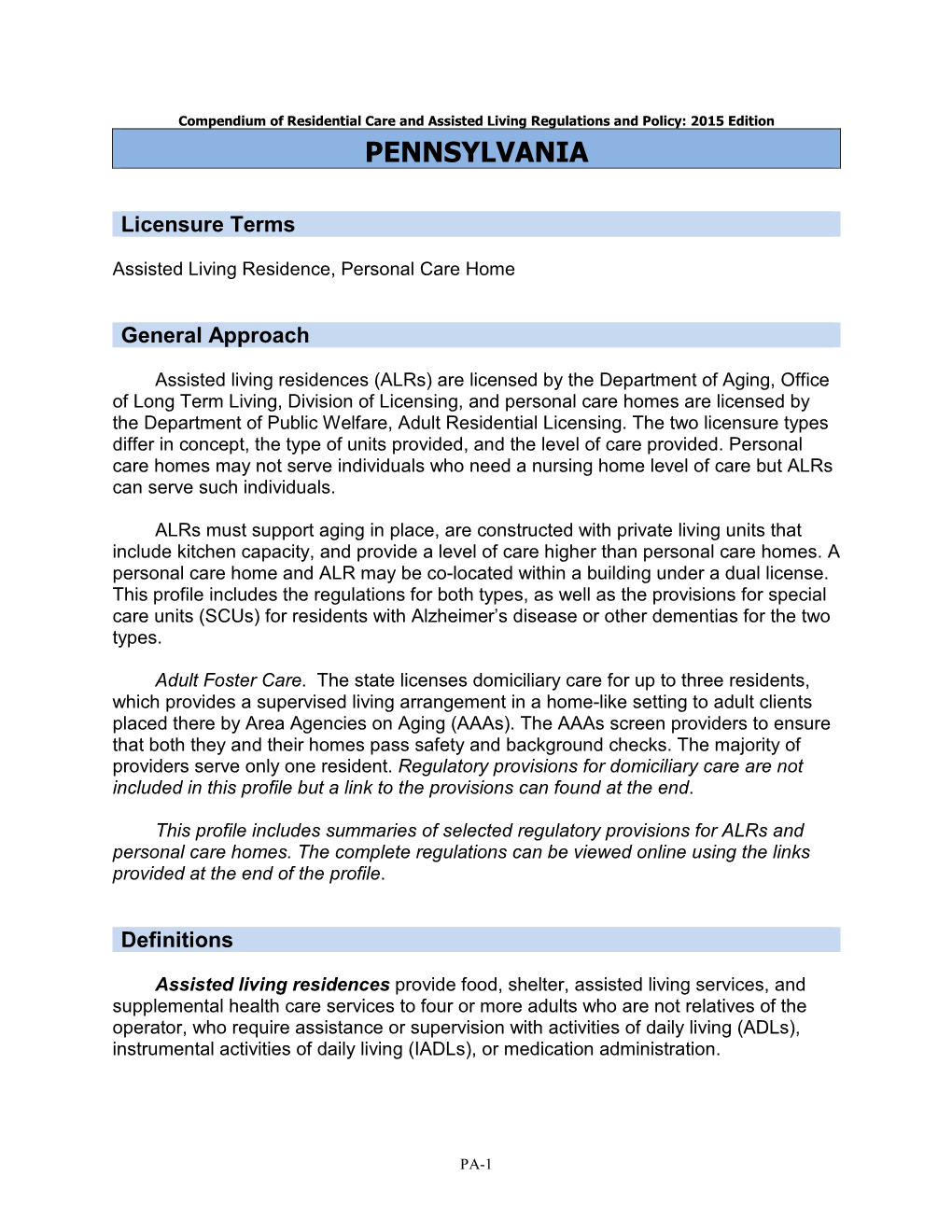 Residential Care/Assisted Living Compendium: Pennsylvania