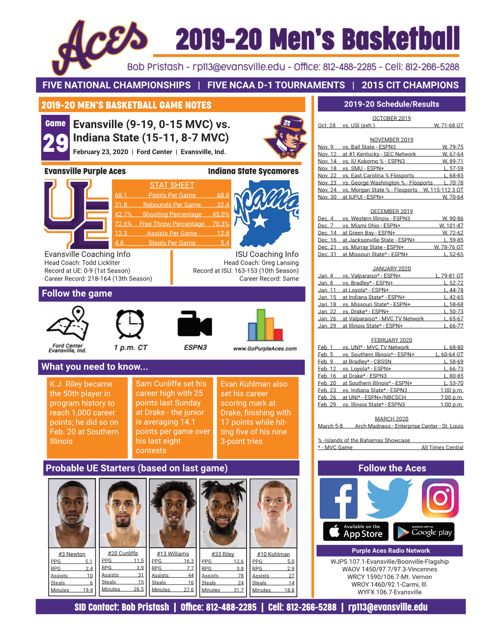 Evansville (9-19, 0-15 MVC) Vs. Indiana State (15-11, 8-7 MVC)