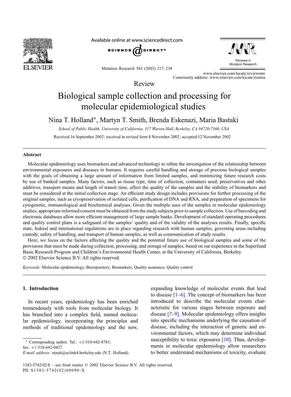 Biological Sample Collection and Processing for Molecular Epidemiological Studies Nina T