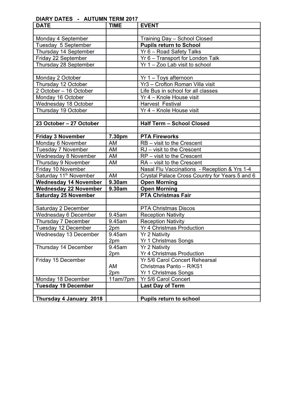 Diary Dates - Autumn Term 2017